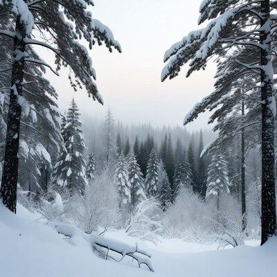 Snowy Pine Forest in Foggy Winter