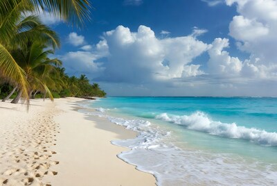 Tropical beach with footprints and palm trees