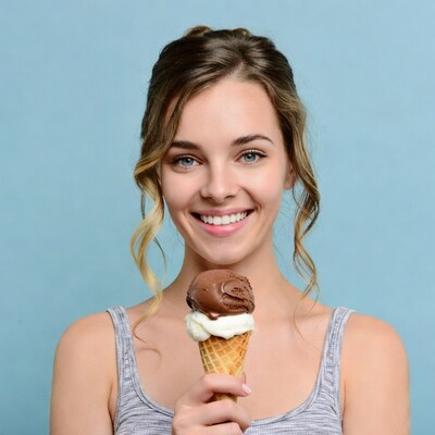 Woman holding chocolate vanilla ice cream cone