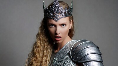 Blonde woman in silver crown and armor