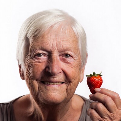 Elderly woman holding strawberry
