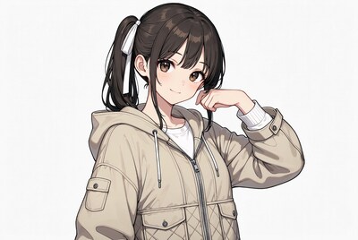 Anime girl in beige hoodie winking