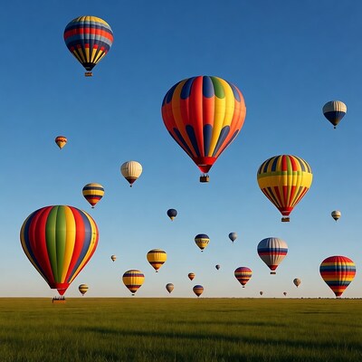 Colorful Hot Air Balloons Over Green Field