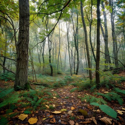 Misty Forest Path with Autumn Leaves
