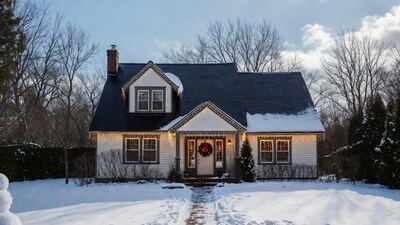 Snowy Christmas House with Wreath and Lights