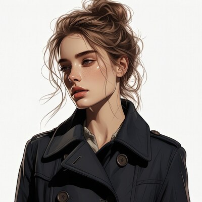 Woman in black trench coat illustration