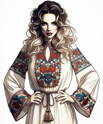 Woman in embroidered white dress