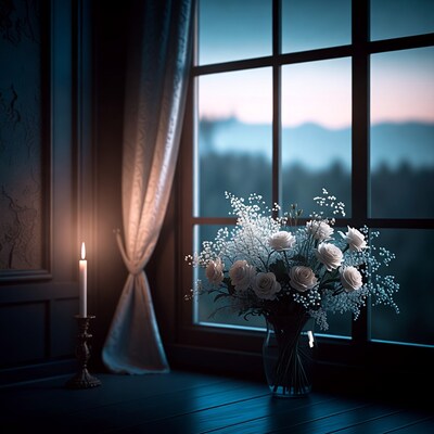 White Roses by Window with Candle