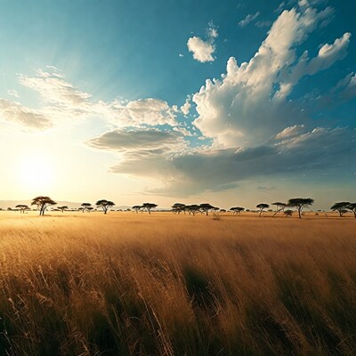 Savanna with Acacia Trees at Sunset