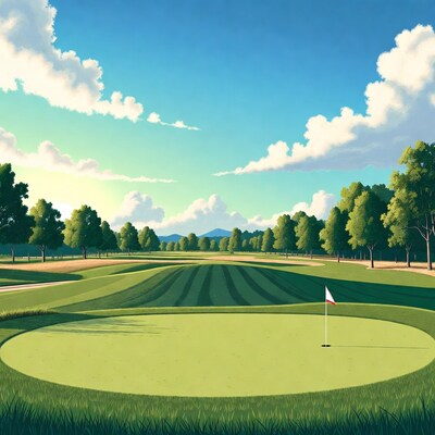 Golf Green with Flag and Mountains