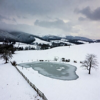 Frozen Pond in Snowy Mountain Landscape