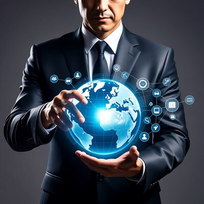 Businessman holding digital globe