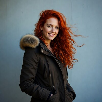 Smiling woman with red hair in fur hood jacket
