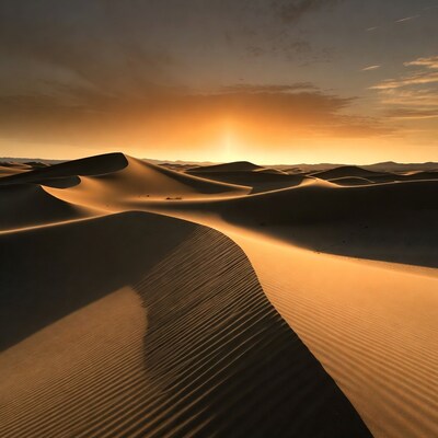 Sunset over golden sand dunes