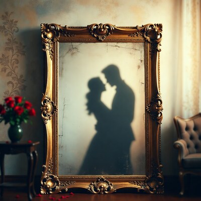 Couple Silhouette Kissing in Ornate Mirror