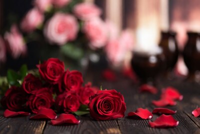 Red Roses with Petals on Wood