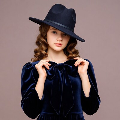 Girl in navy velvet dress and fedora hat