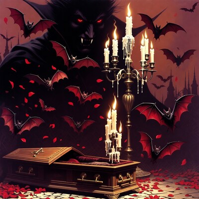 Vampire rising from open coffin