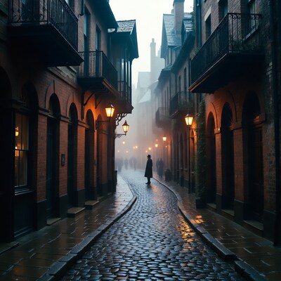 Man in trench coat on foggy cobblestone alley