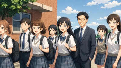 Anime school students with teacher outside