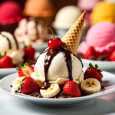 Vanilla Ice Cream with Strawberries and Chocolate