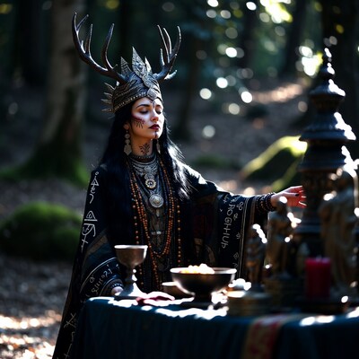 Woman in antler headdress performing forest ritual