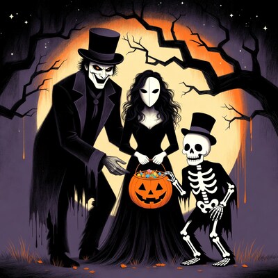Phantom Family Trick-or-Treating with Skeleton Child