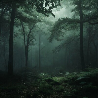 Misty Green Forest with Mossy Ground