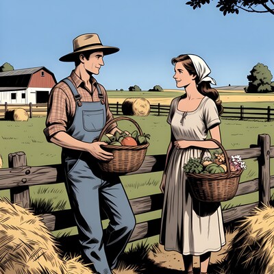 Farmer and woman holding harvest baskets