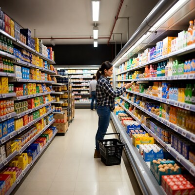 Latina woman shopping in supermarket aisle
