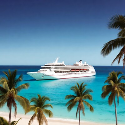 White Cruise Ship in Tropical Bay