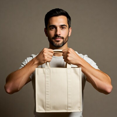 Man holding white tote bag