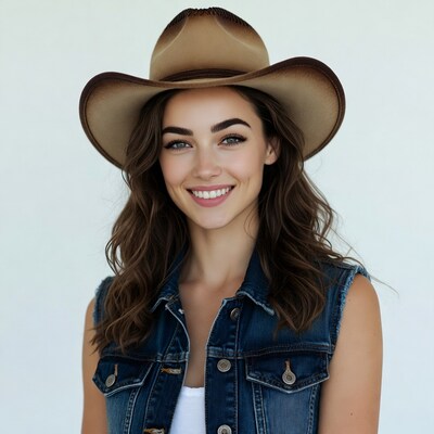 Woman wearing cowboy hat and denim vest