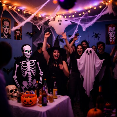 Halloween Party with Skeleton Witch Ghosts