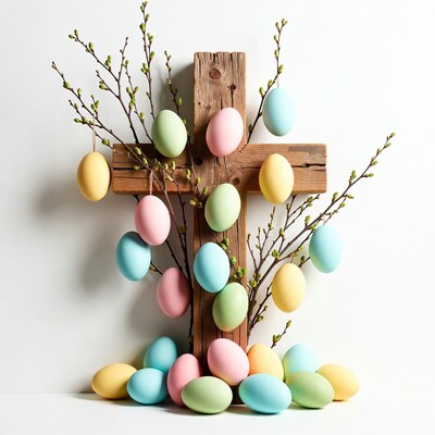 Easter Eggs on Wooden Cross with Branches