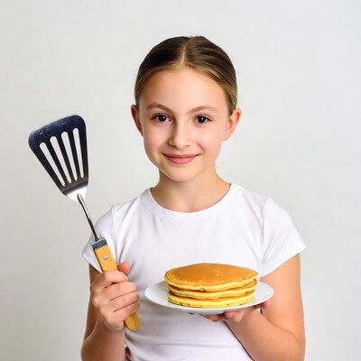 Girl holding pancakes and spatula