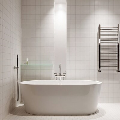 White Freestanding Bathtub in Tiled Bathroom