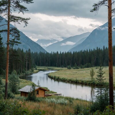 Wooden Cabin by River in Mountains