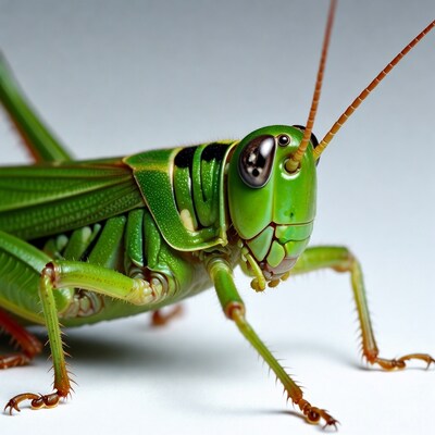 Close-up green grasshopper on white background