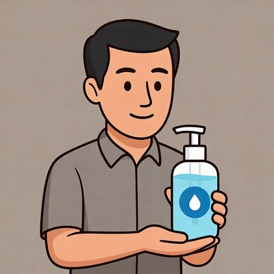 Asian man holding hand sanitizer