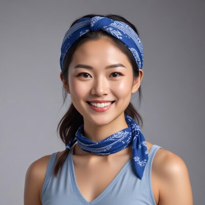 Asian woman with blue headband smiling