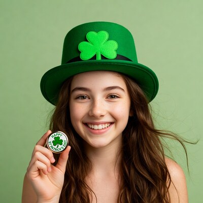Girl in green St. Patrick's hat holding pin