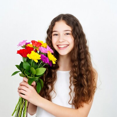 Girl holding colorful bouquet