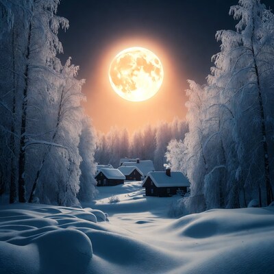Snowy Cottages Under Full Moon