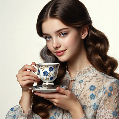 Woman holding teacup and saucer