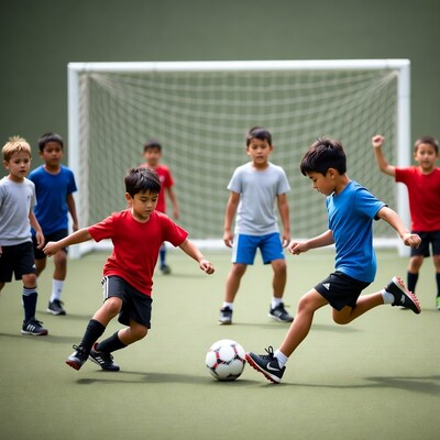 Asian boys playing soccer near goal