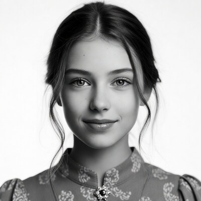 Young woman smiling in patterned dress