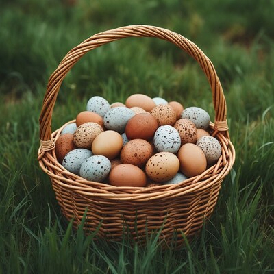 Wicker basket of colorful eggs in grass