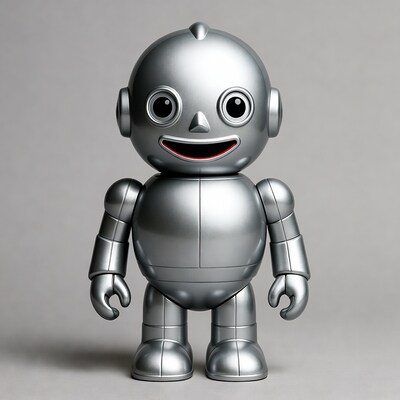 Smiling silver robot on gray background