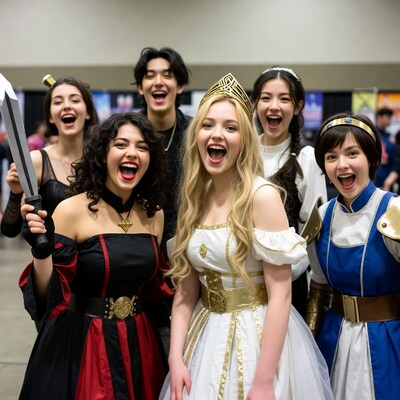 Group cosplayers smiling at convention